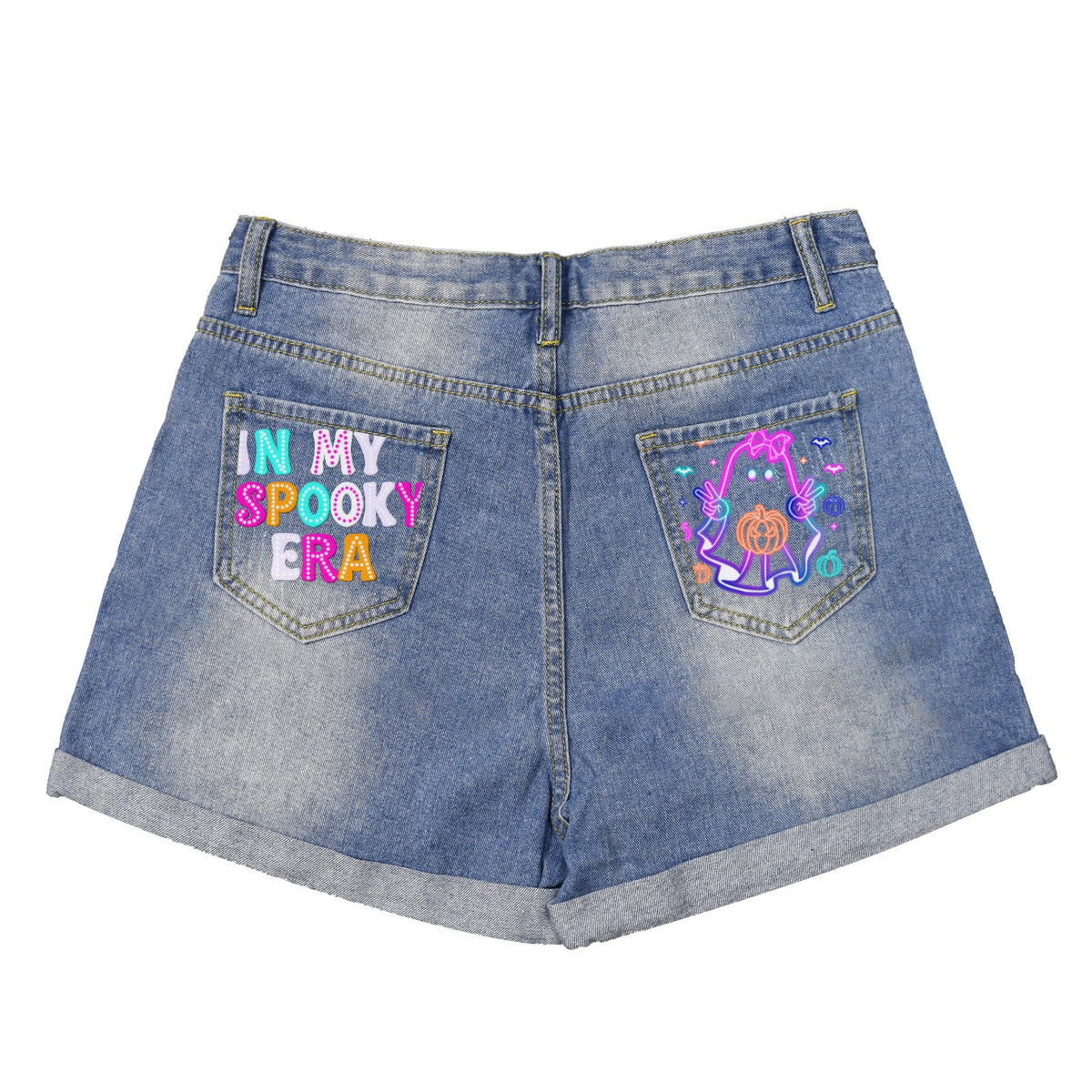 Retro Halloween Neon Ghost Light Blue Denim Shorts with Dual Pockets Design
