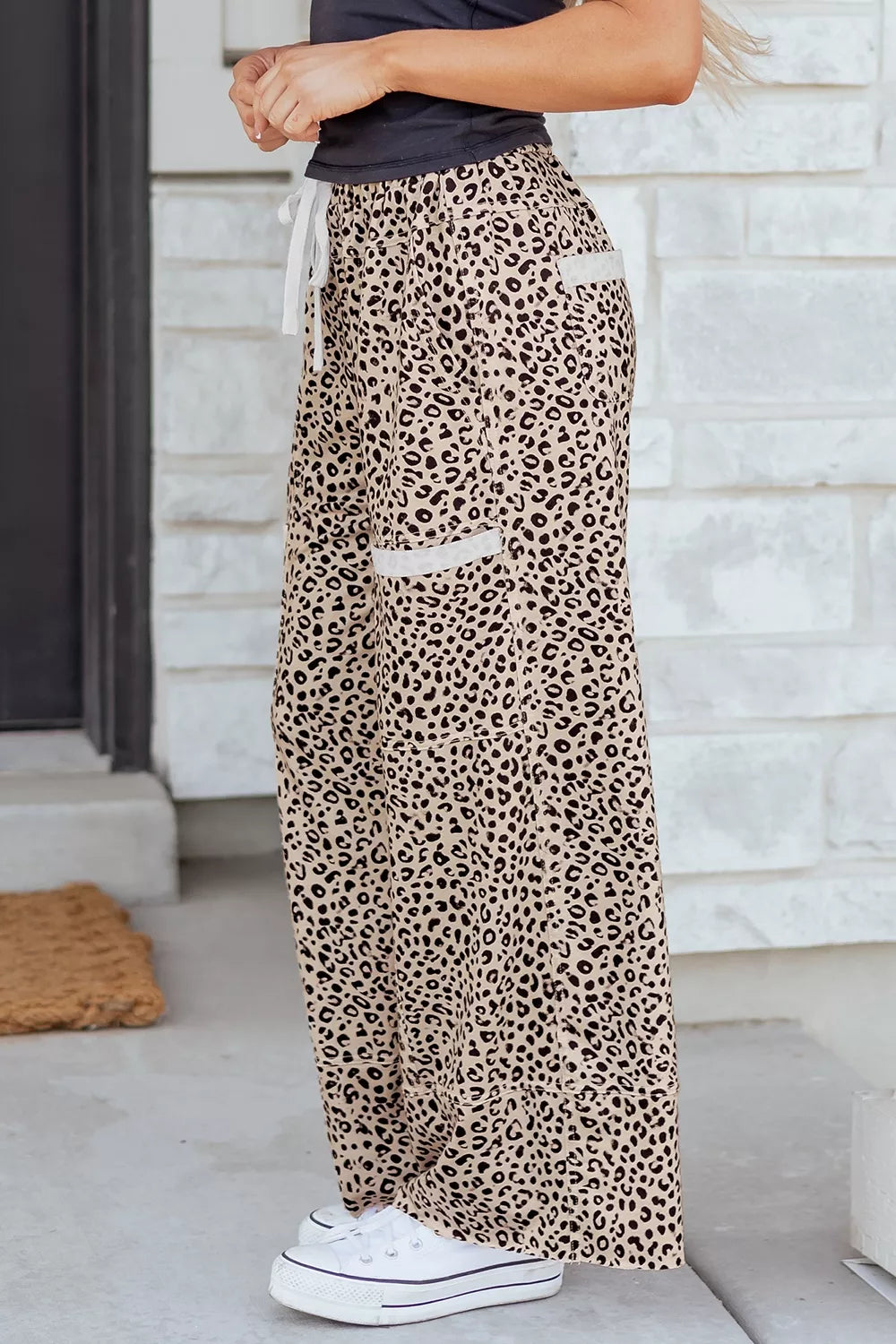 Leopard Print Wide-Leg Pants with Drawstring
