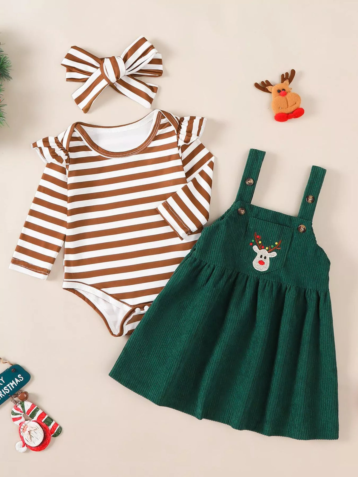 Children's Christmas Bodysuit and Overall Dress Set with Headband