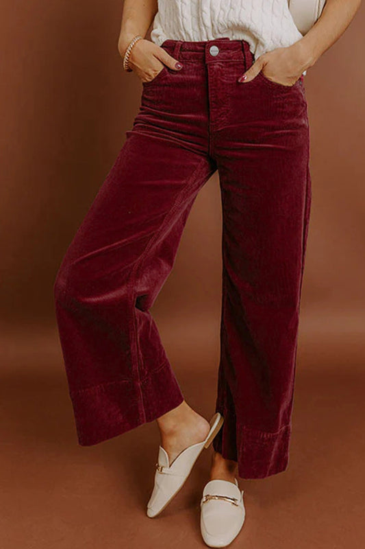Pantalón Ancho de Terciopelo Burdeos de Color Liso y Cintura Alta