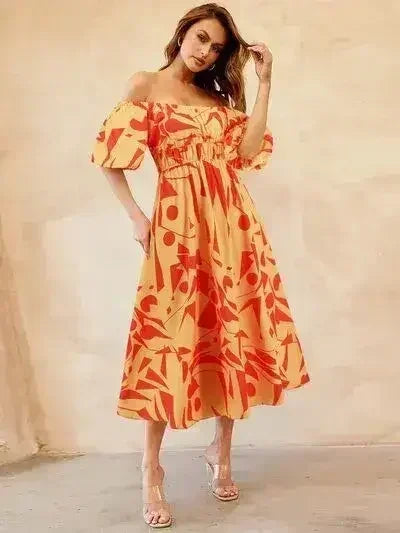 Printed Off-Shoulder Balloon Sleeve Dress