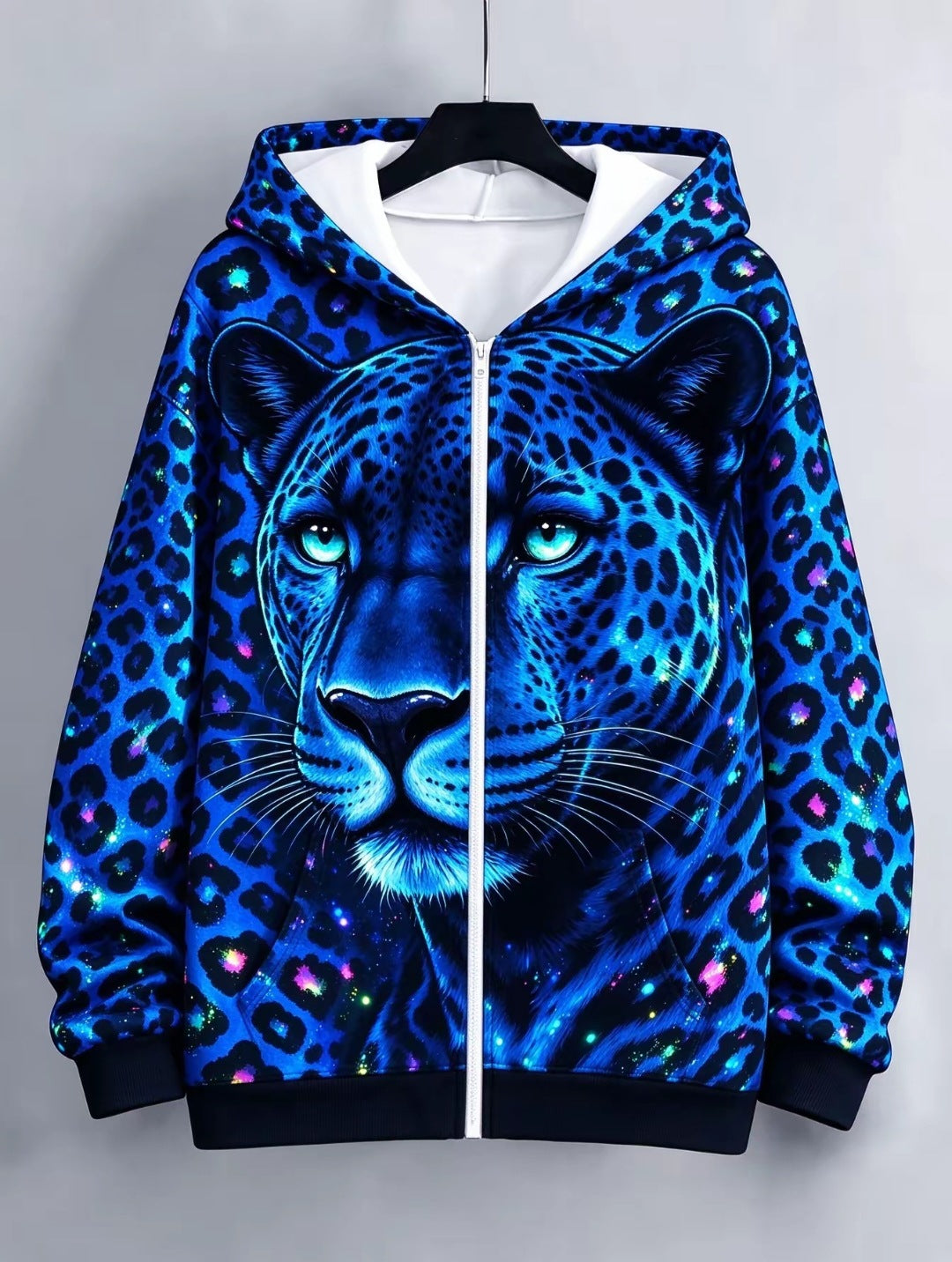 Women's European American Style Zip Up Hooded Cardigan Sweatshirt, Big Face Animal Print, All Over Leopard Print, Loose Casual Trendy Jacket