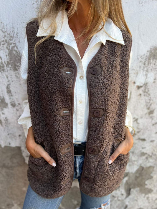 Chaleco Sherpa con cuello en V, botones y bolsillos, talla completa