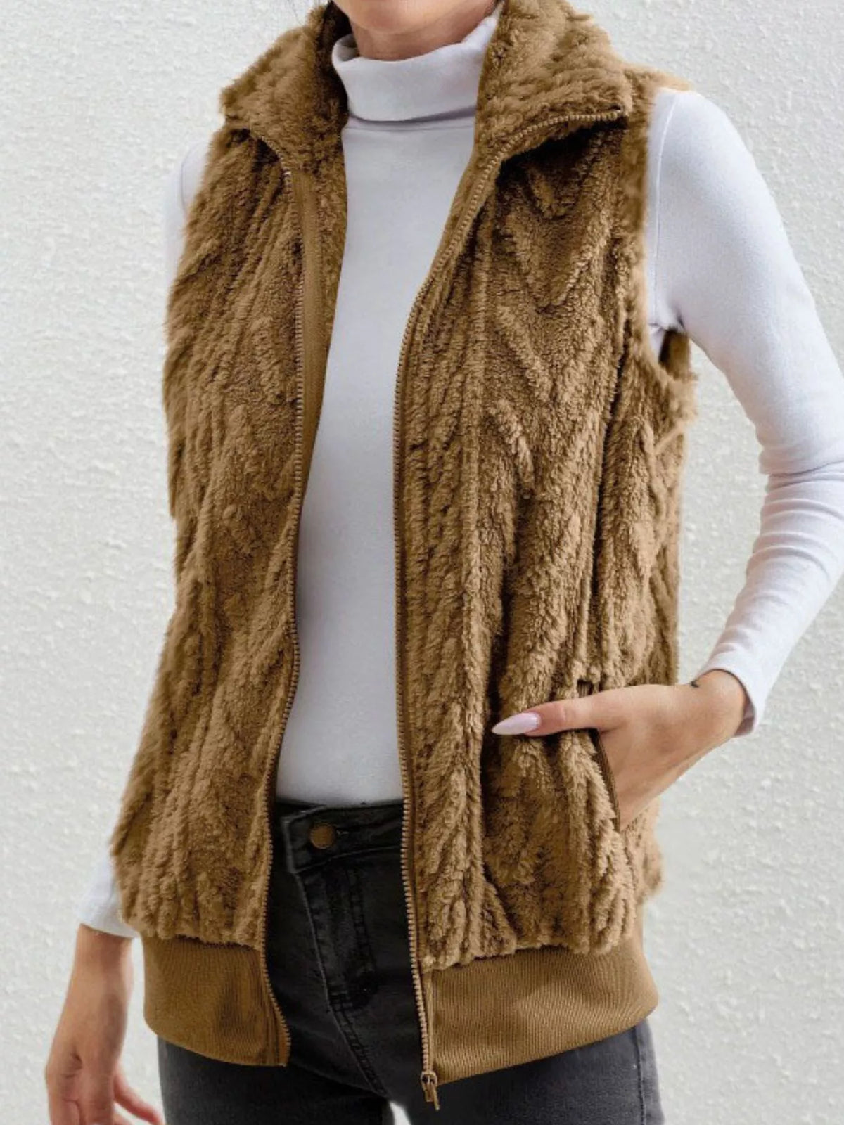 Full Size Cozy Faux Fur Zip-Up Vest Coat Plus Size