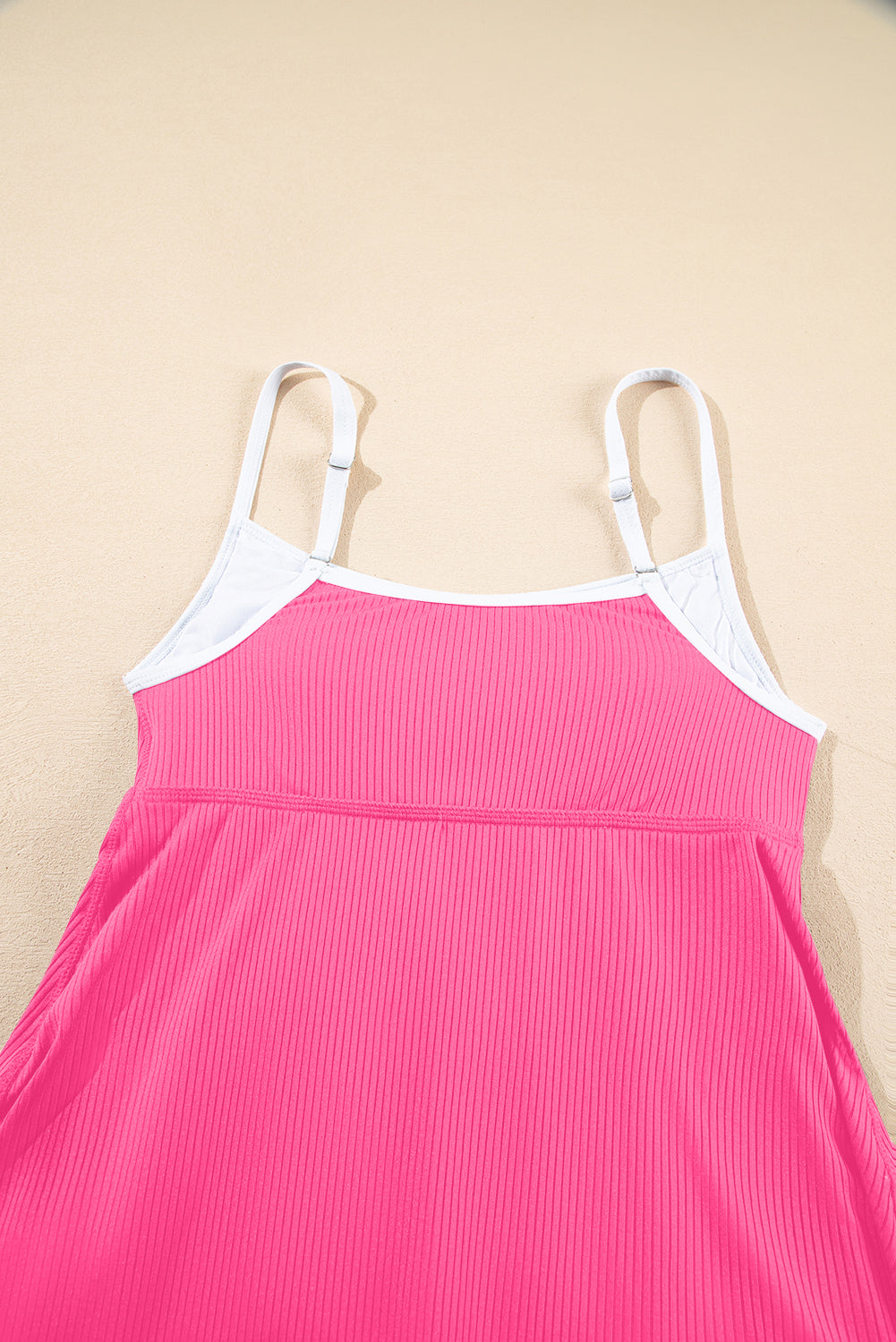Vestido de baño forrado con bolsillos, bloques de color rosa brillante y borde acanalado