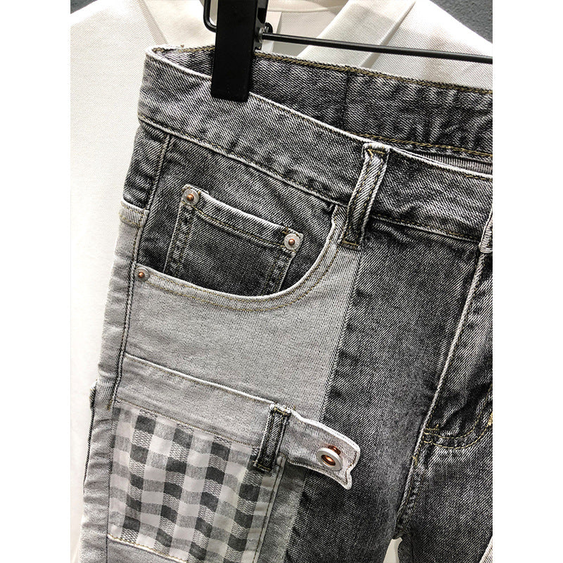 Summer Gray Denim Patchwork Plaid Hip-Hop Shorts