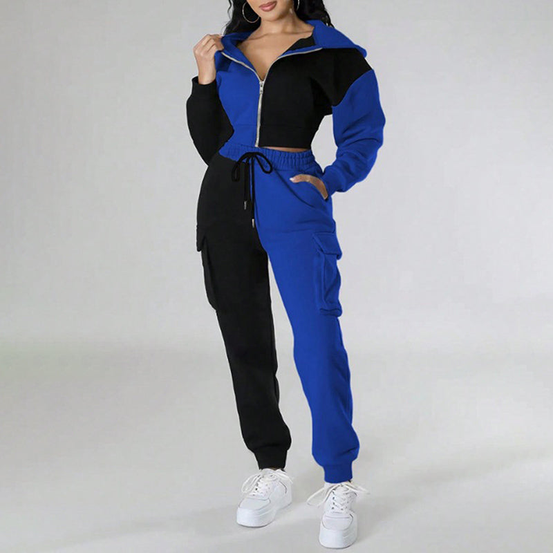 Women's Color Block 2 Piece Set, Full Zip Up Cropped Hoodie Jacket & Drawstring Cargo Pants, Casual Streetwear Outfit See size chart under “more details”