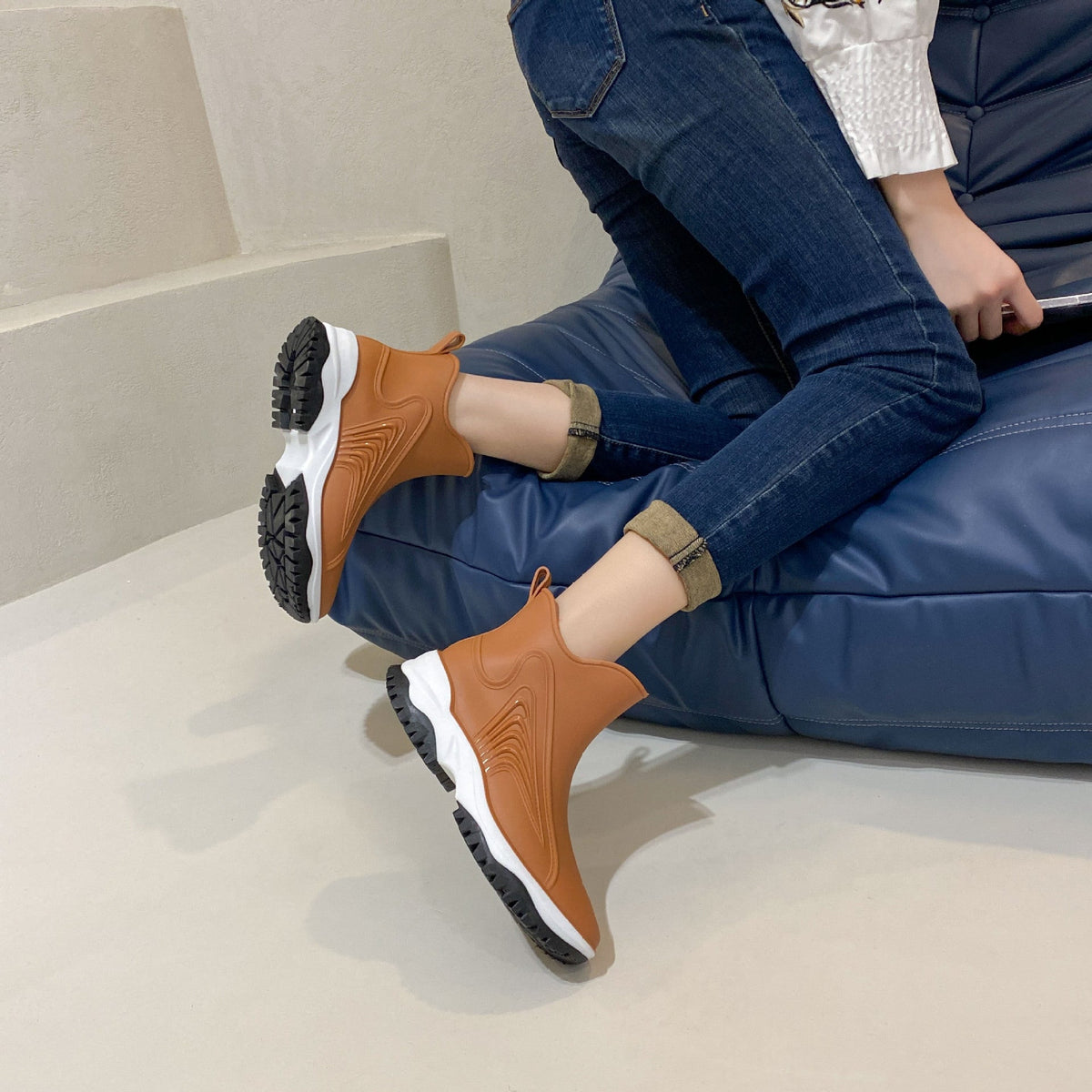 Women's Color Blocking Thick Sole Low Top Rain Boots