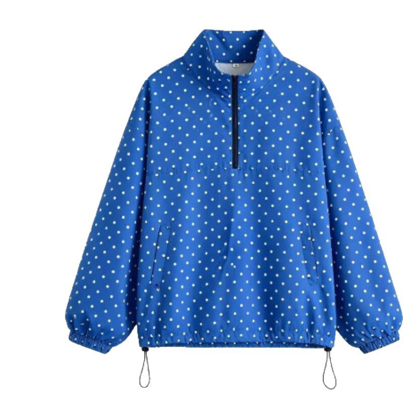 Fashionable Polka-dot Half-zip Loose-fit Hoodie Jacket