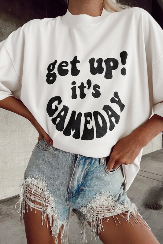 Camiseta extragrande de manga corta con eslogan "GAME DAY" en color beige