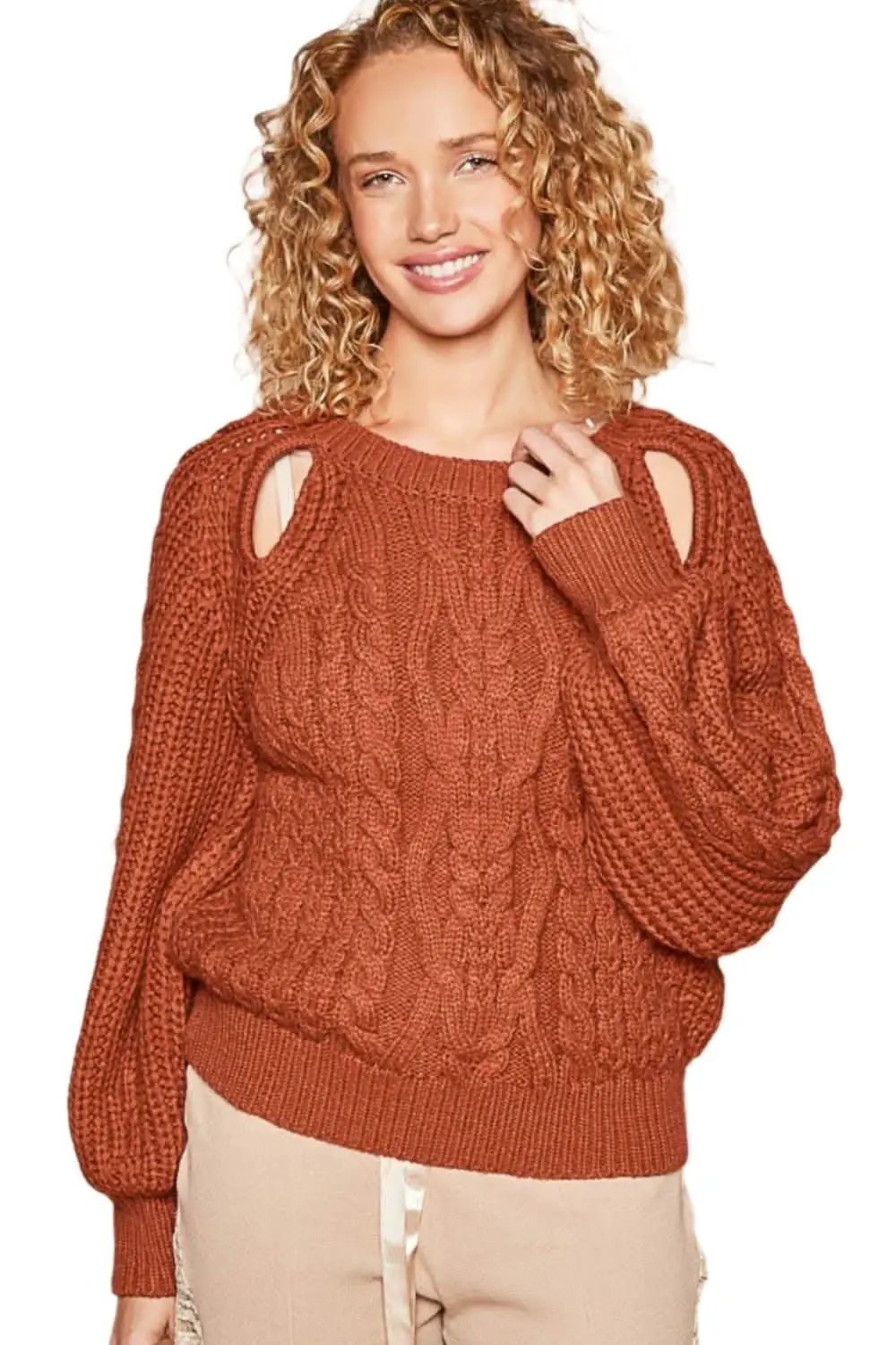 Trendsi Women's Cable Knit Sweater With Cutout Detail — Soft Fall Essential