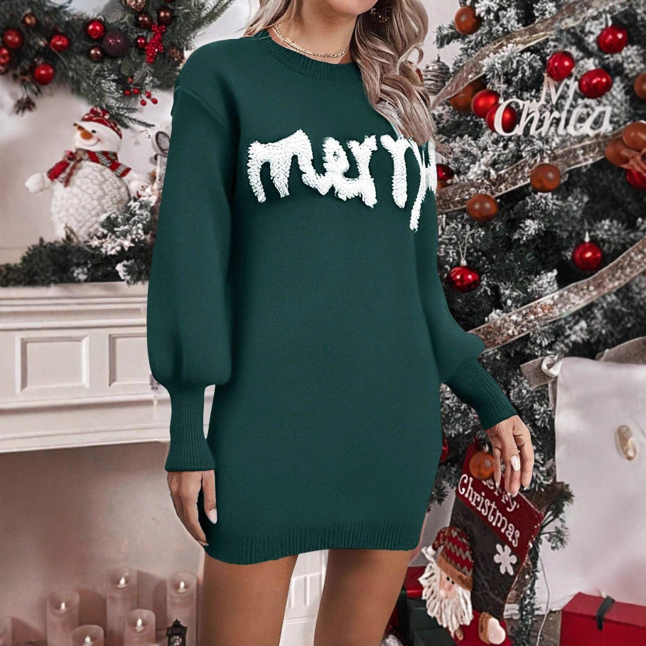 Vestido ajustado de punto de cuello redondo y manga farol para mujer