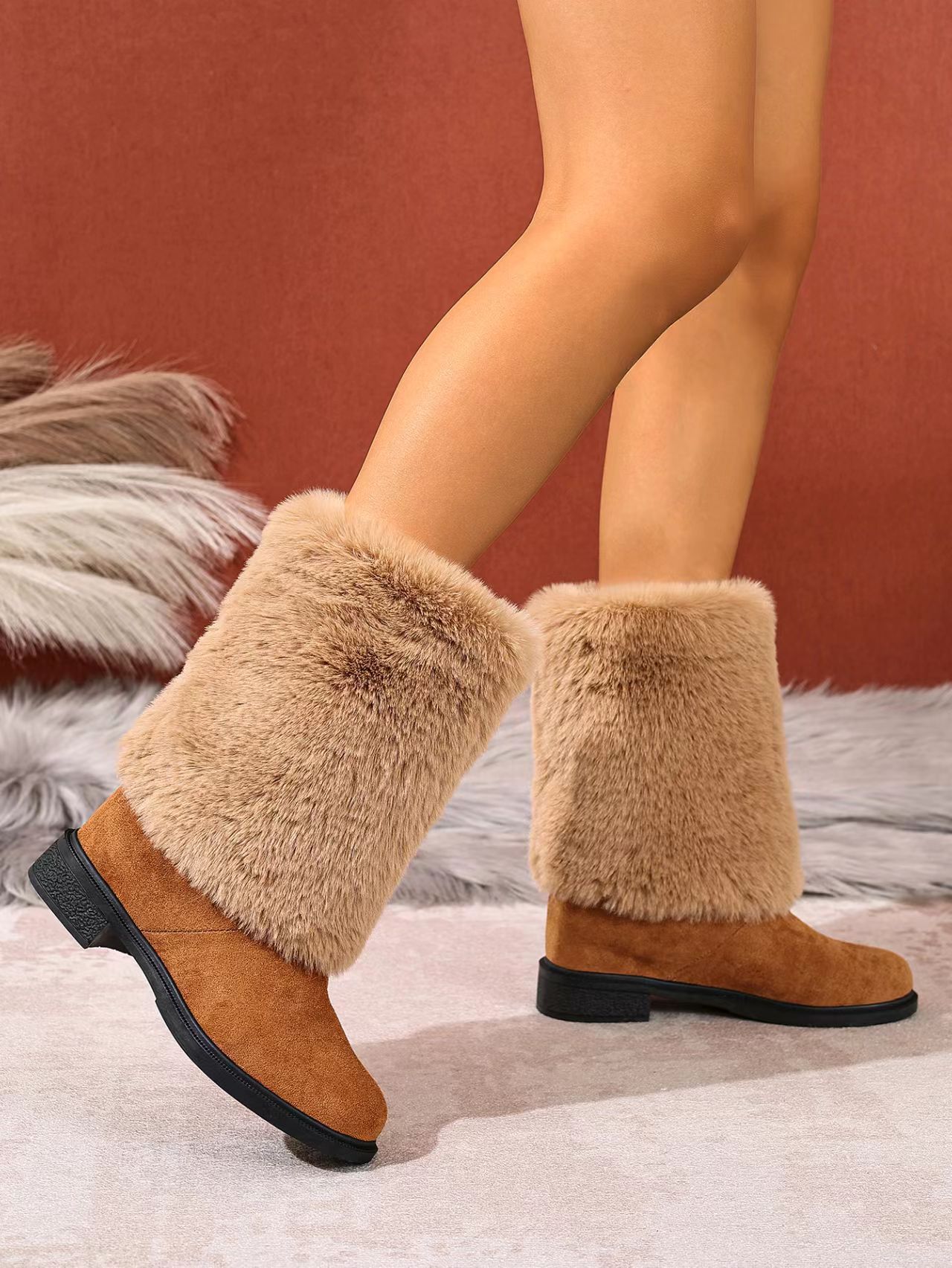 Botas de nieve de tacón grueso para mujer - Botines de invierno cálidos antideslizantes