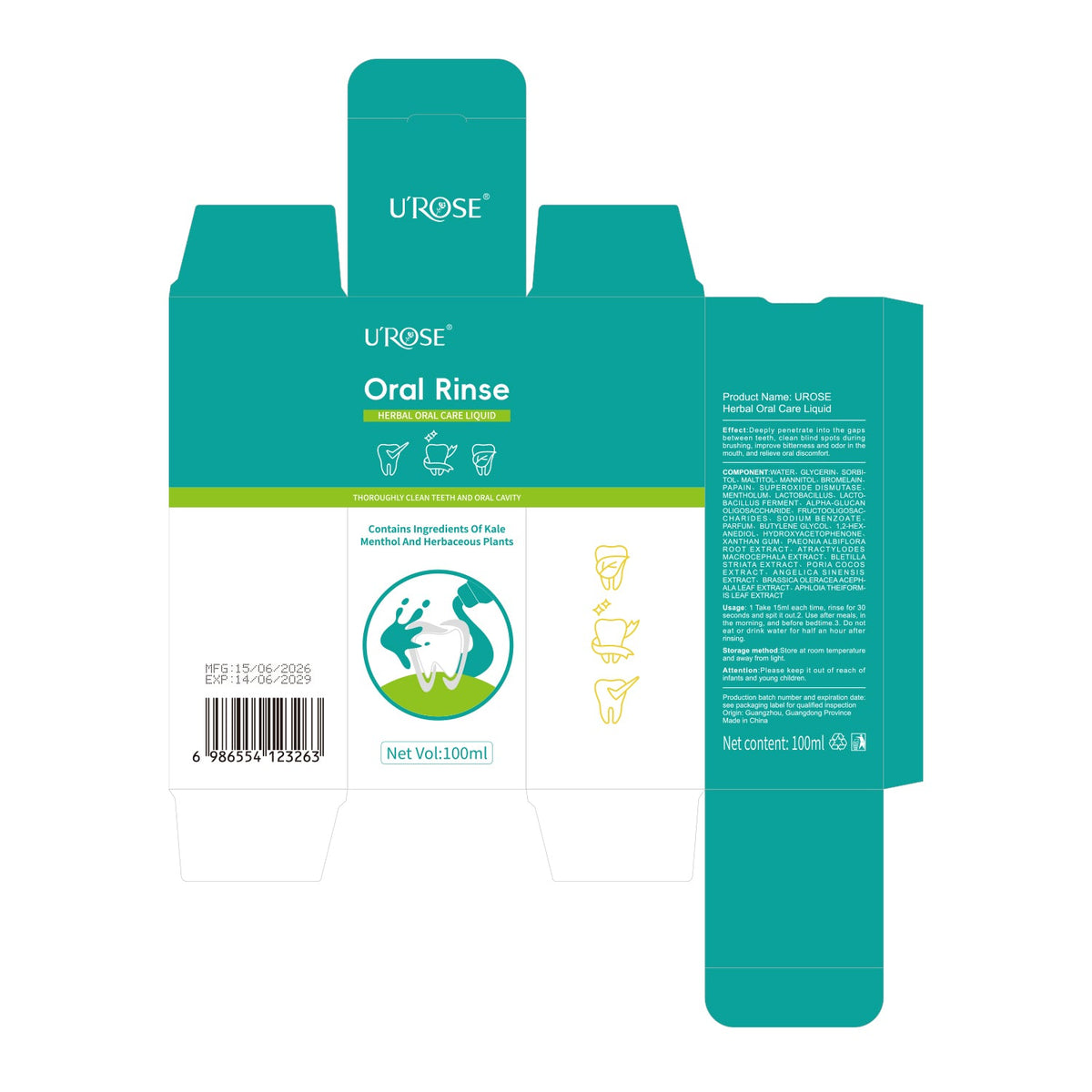 UROSE Herbal Oral Care Liquid Mouthwash With Botanical Herbs Fresh Breath Gentle Daily Oral Hygiene Care Rinse And Swish Daily Mint Flavor Formula 100ml