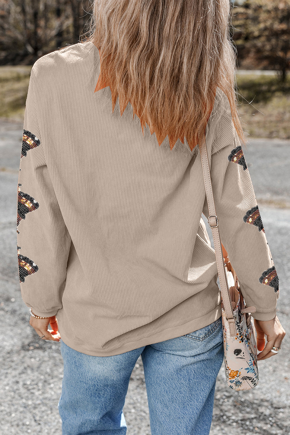 Sudadera Ancha con Lentejuelas y Parches de Pavo en Gris Humo