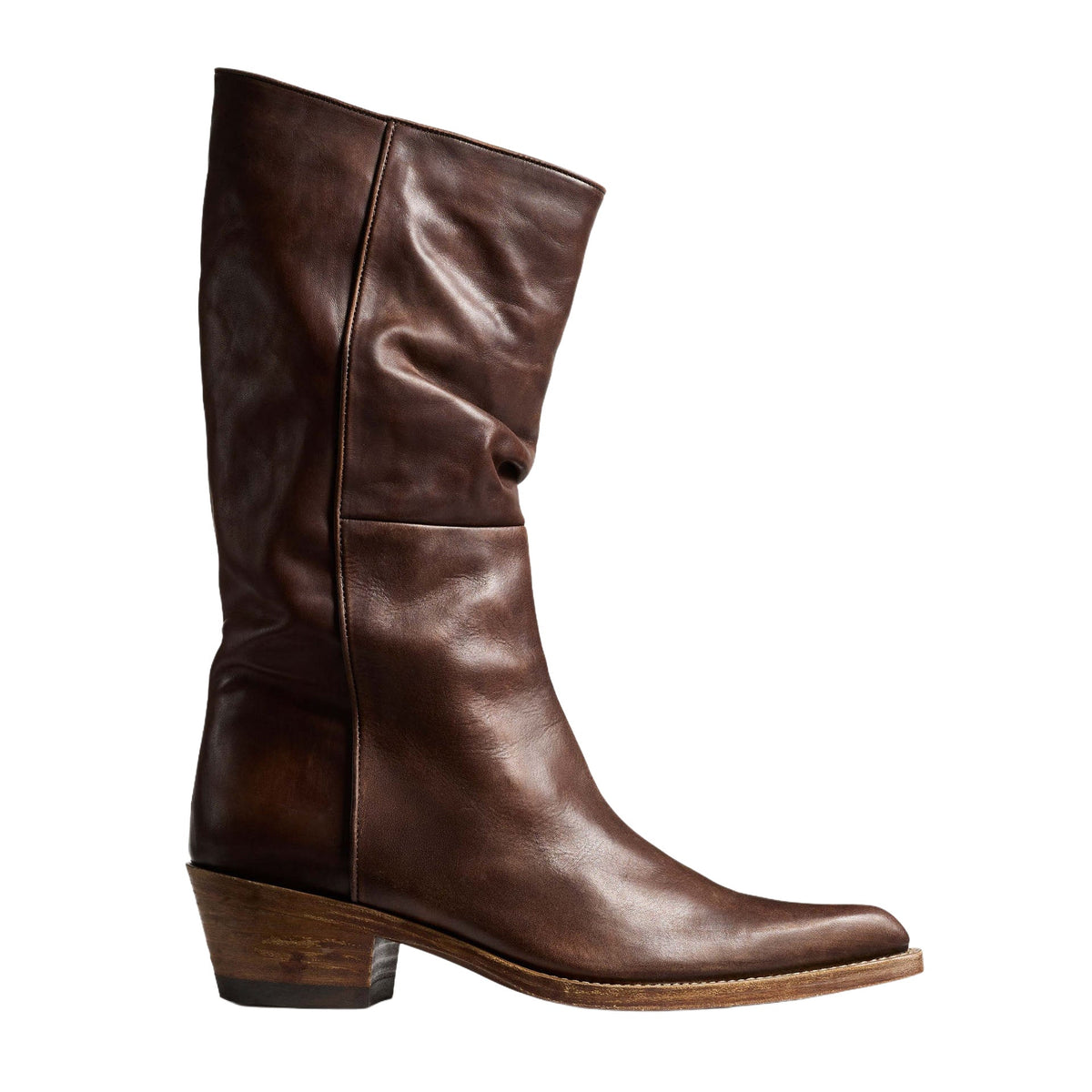 Retro Mid-heel Boots With Pleated Detailing And A Distressed Finish Slip-on Style