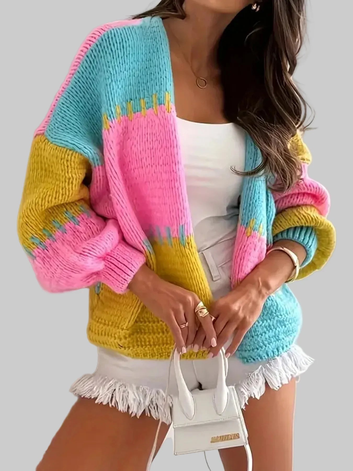 Women Color Block Drop Shoulder Cardigan Sweater
