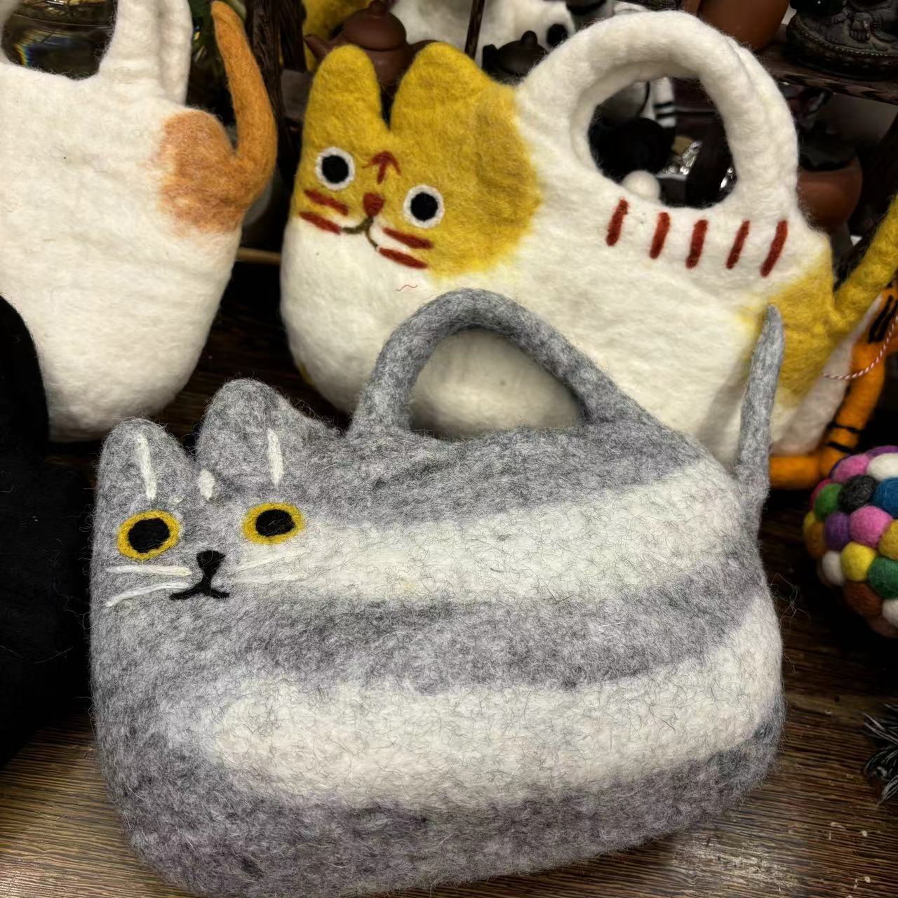 Handmade Wool Felt Cat Tote Handbag