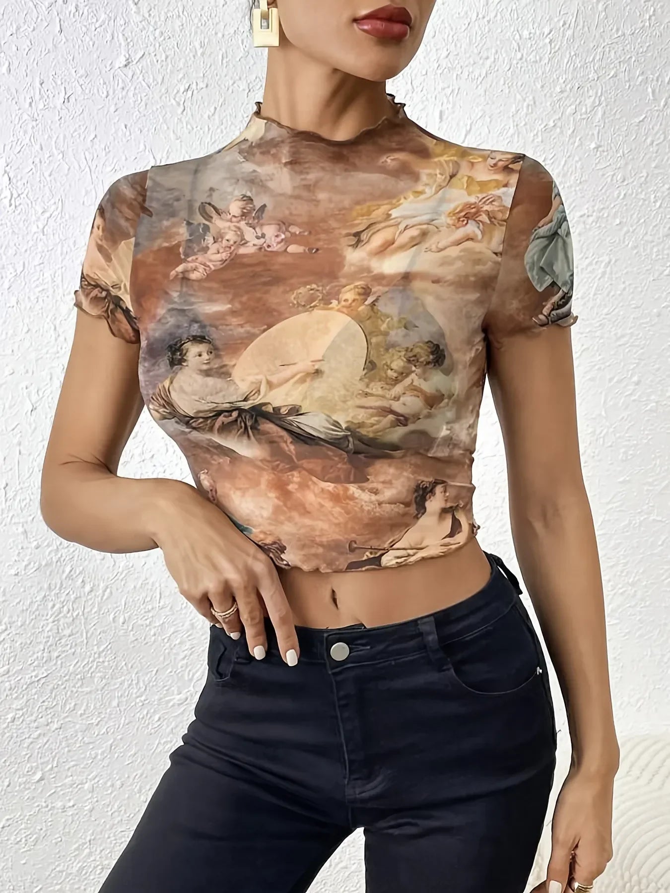 Abstract Print Ruffled Mock Neck Crop T-Shirt | Trendy Streetwear – Bona Fide Fashion