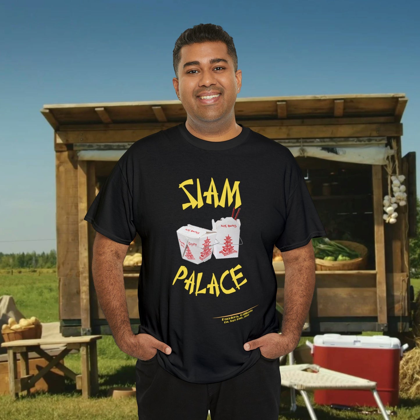 "DirkyThreadz Siam Palace T-Shirt - Bold Takeout Graphic Design in Black Cotton"