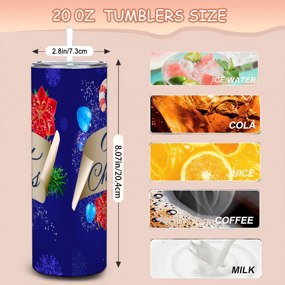 Blue Merry Christmas 20oz Straight Stainless Steel Tumbler with Straw（Made in USA)