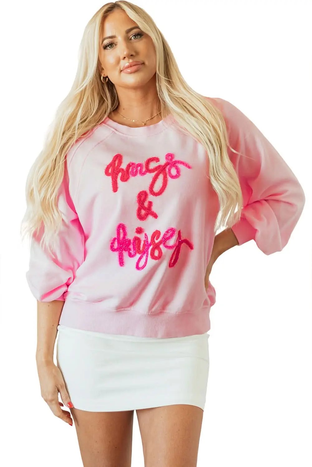 Love Salve Women's Embroidered Sweatshirt Pink Raglan Crew Neck