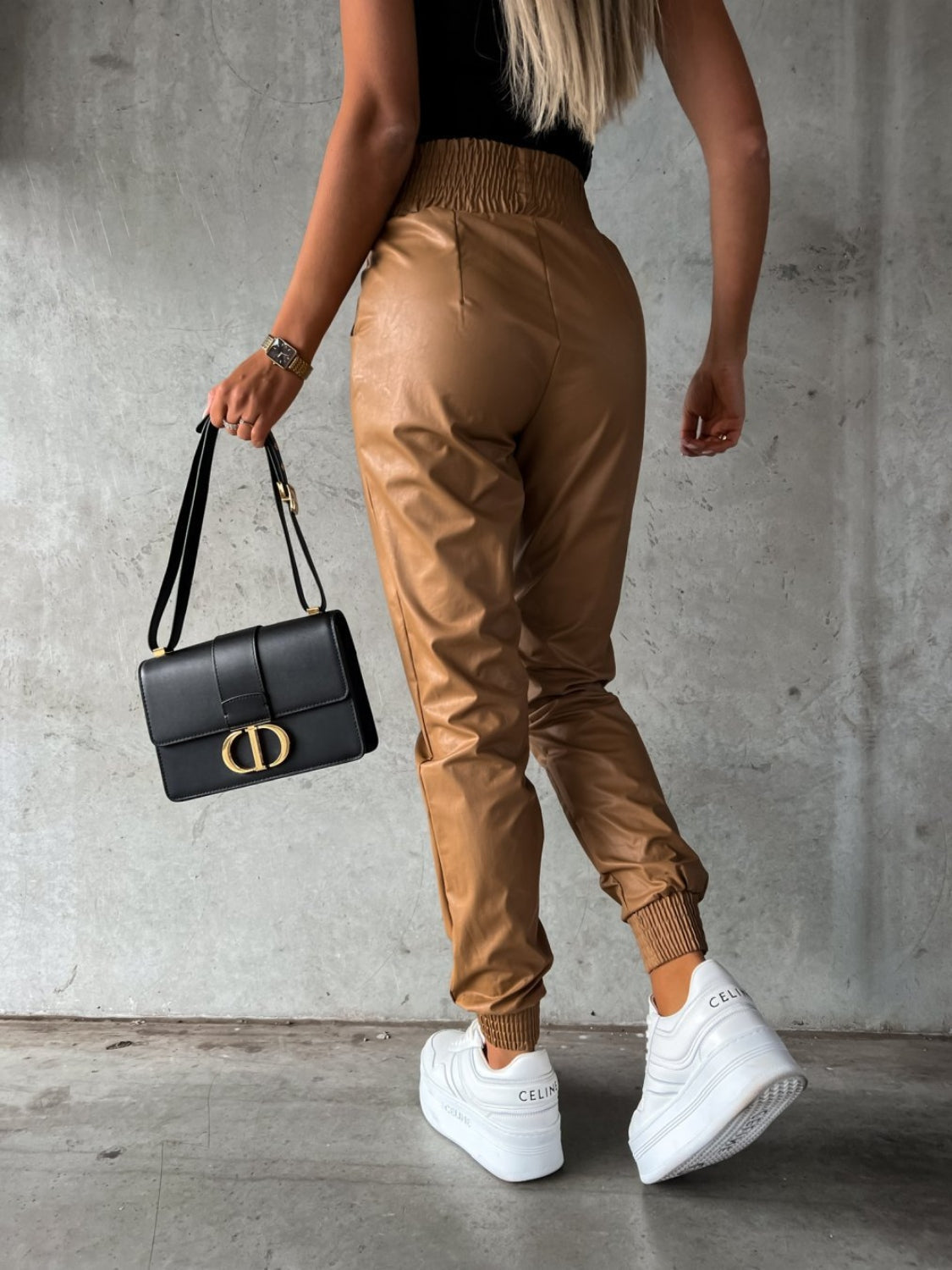 Pantalones de cintura alta con nido de abeja y bolsillos