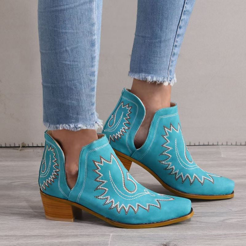 Pointed Embroidered Chunky Heel Ankle Boots