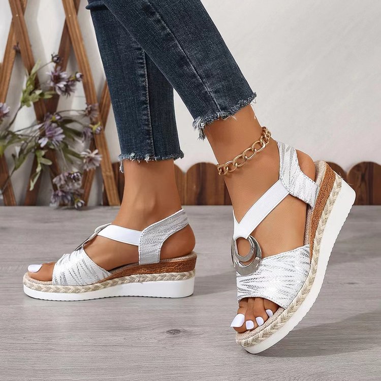 Women's Metal Buckle Hemp Rope Wedge Peep Sandals