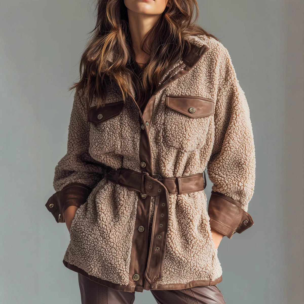 Women's Wear Thickened Lamb Fur Spliced PU Leather Pocket Leather Belt Retro Coat