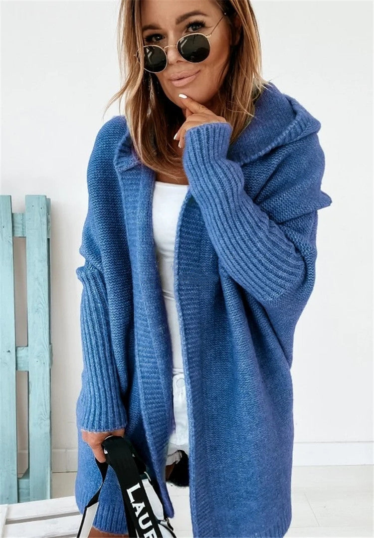 Ins Knitted Hooded Cardigan Fashion Loose Solid Color Batwing Sleeve Sweater Autumn And Winter Women's Clothing
