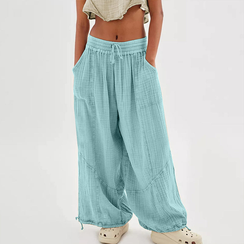 Pantalones de pernera ancha de color liso para mujer – Cintura elástica con cordón y bolsillos laterales