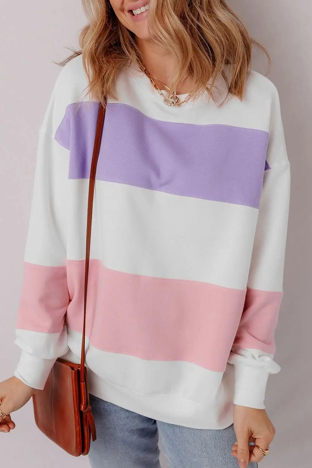 Love Salve Beige Colorblock Patchwork Drop Shoulder Crewneck