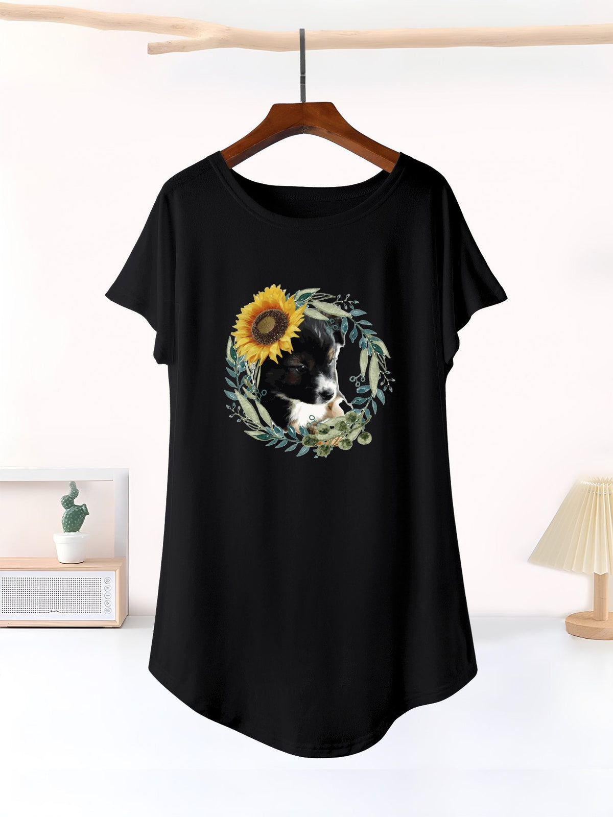 Cute Black Puppy Casual Summer Short T-Shirt Dress (Front Printing)
