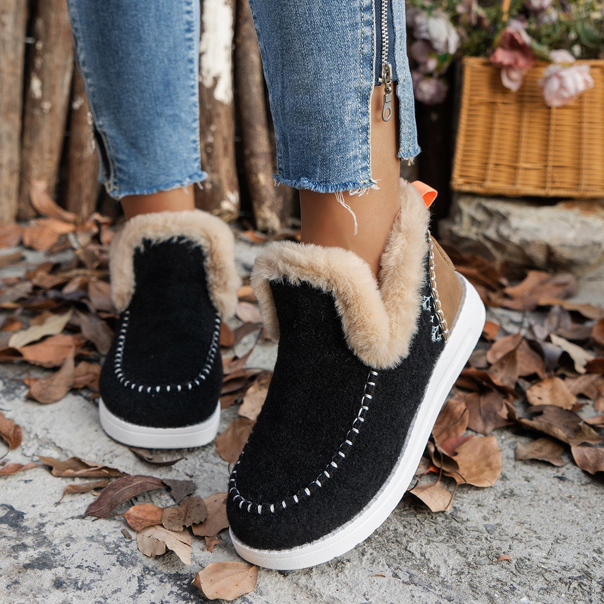 Fleece-Lined Flat Cotton Ankle Boots