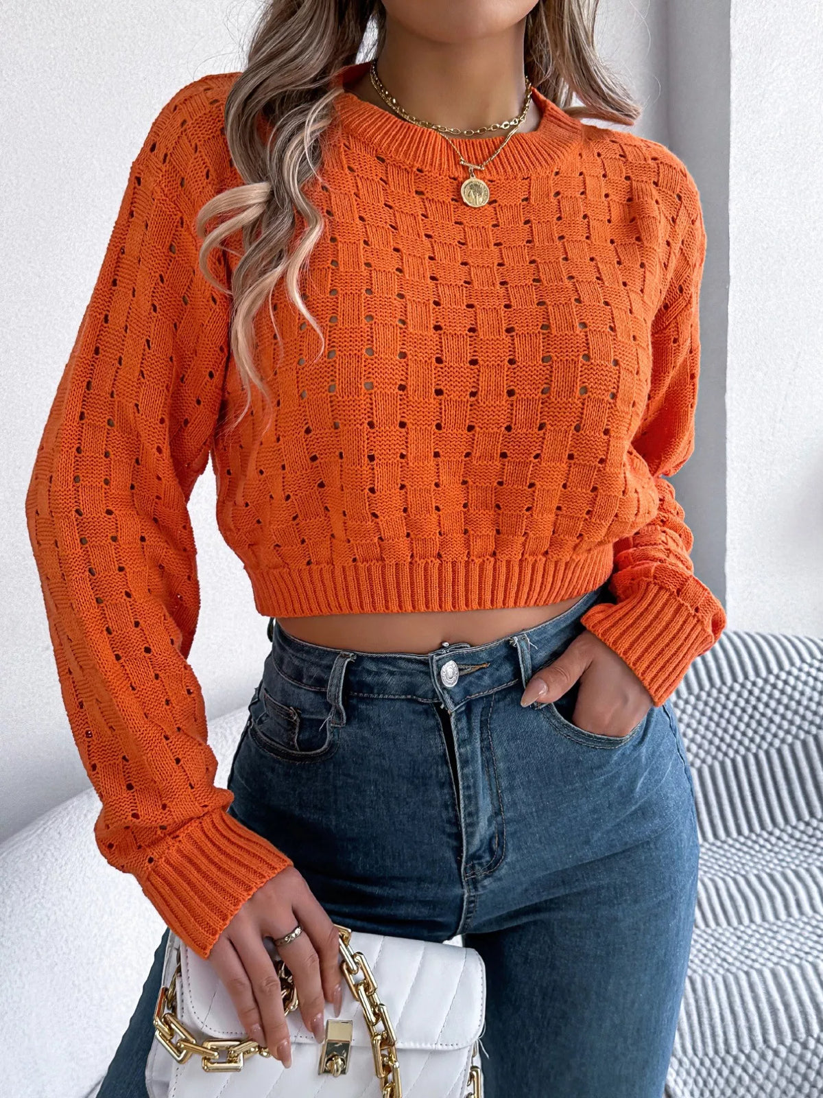 Cutout Back Openwork Round Neck Long Sleeve Sweater