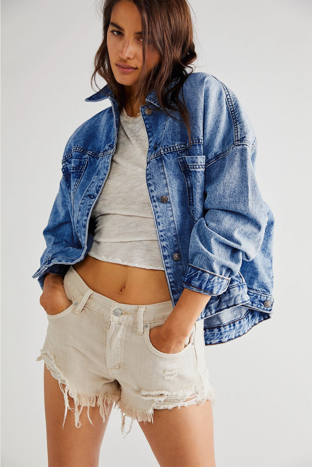 Chaqueta vaquera oversize con bolsillo, lavada a la piedra, a rayas azules