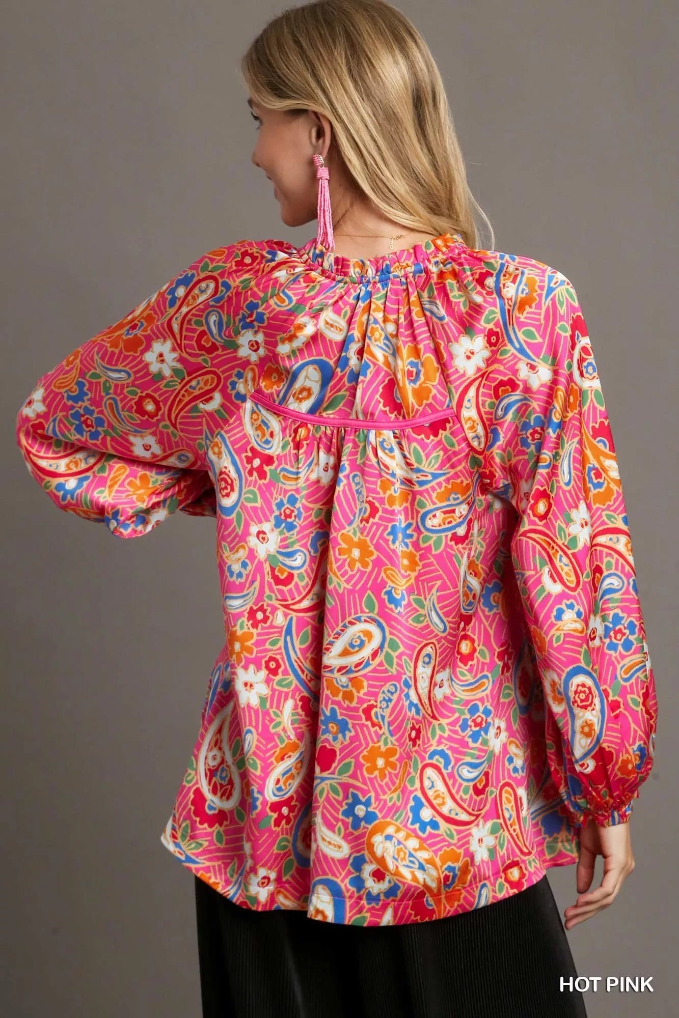 Full Size Satin Paisley Ruffle Neck Button-Up Shirt Plus Size