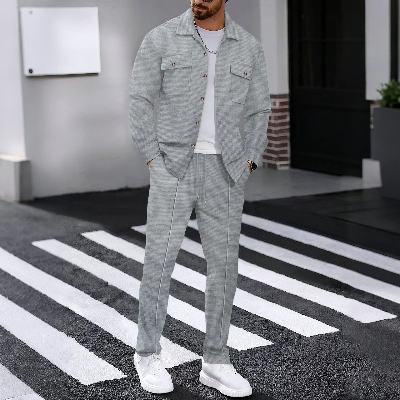 Autumn New Waffle Long-sleeved Trousers Two-piece Set Cardigan Shirt Suit