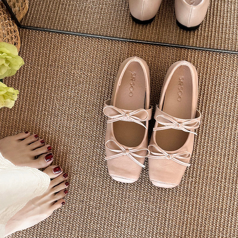Women Kawaii Double Front Bow Two Ribbon Strap Mary Jane Flats, Square Toe Soft Matte Leather Slip On Gentle Casual Spring Student Doll Ballerina Loafer Shoes