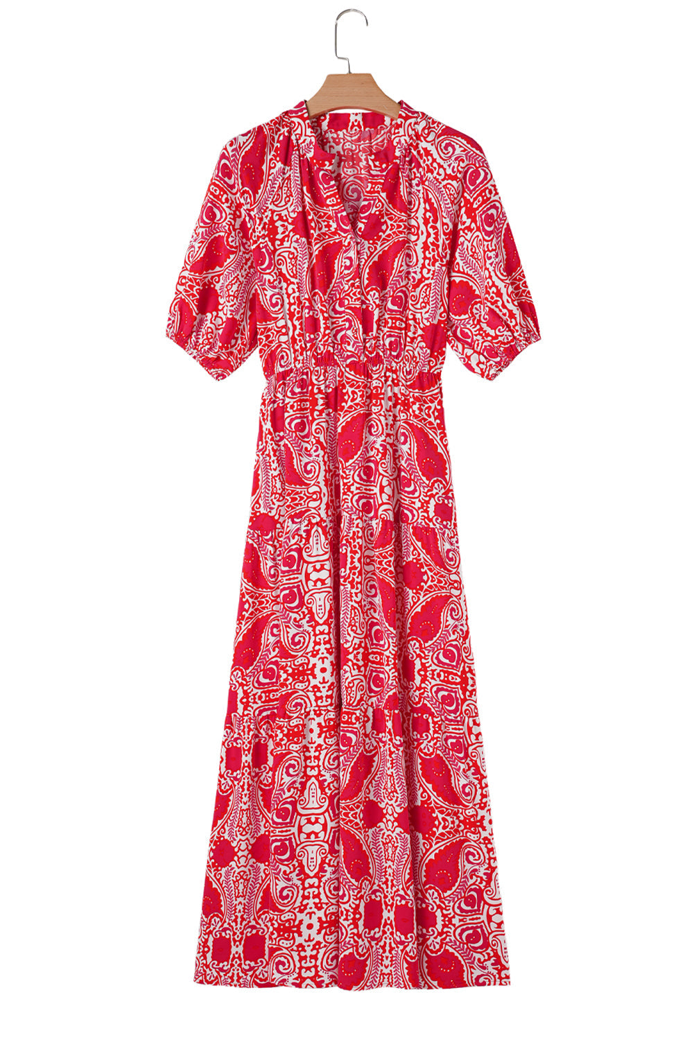 Vestido maxi con estampado de cachemir rojo, abertura lateral, manga farol y cintura alta