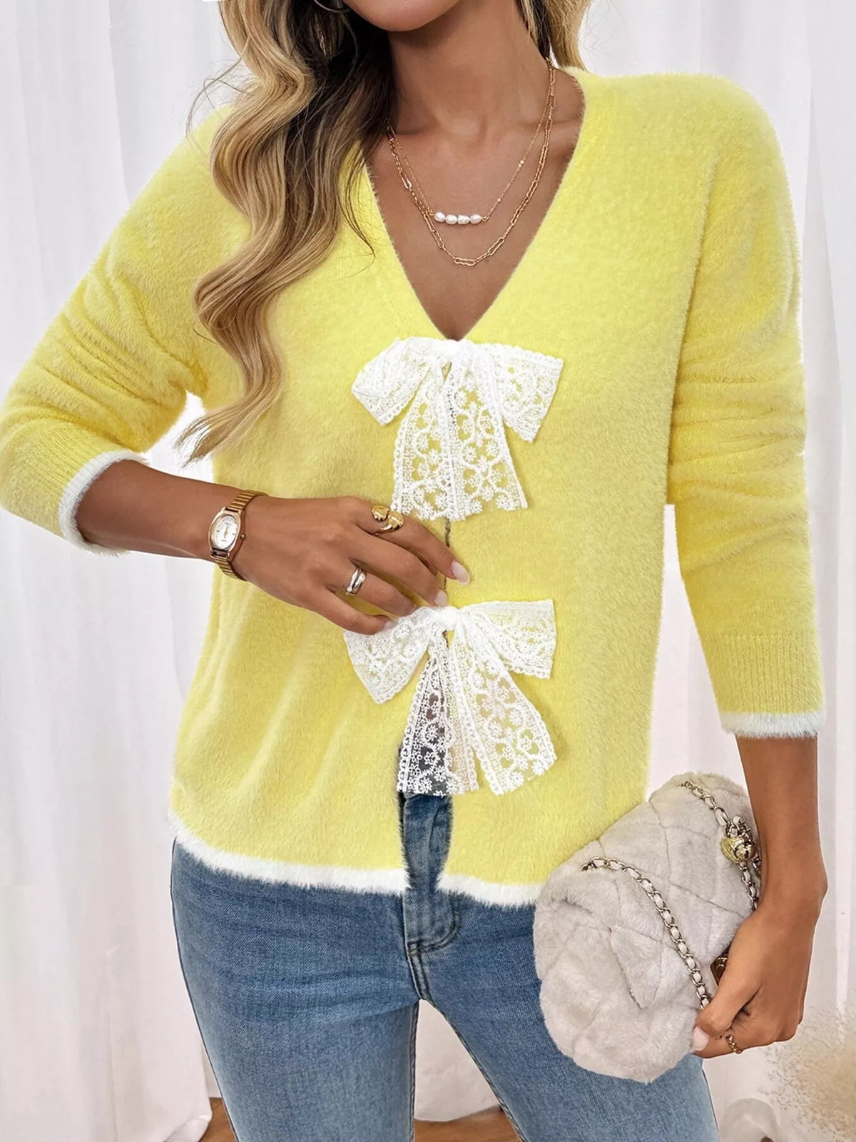 Lace Bow-Tie Front Long Sleeve Cardigan