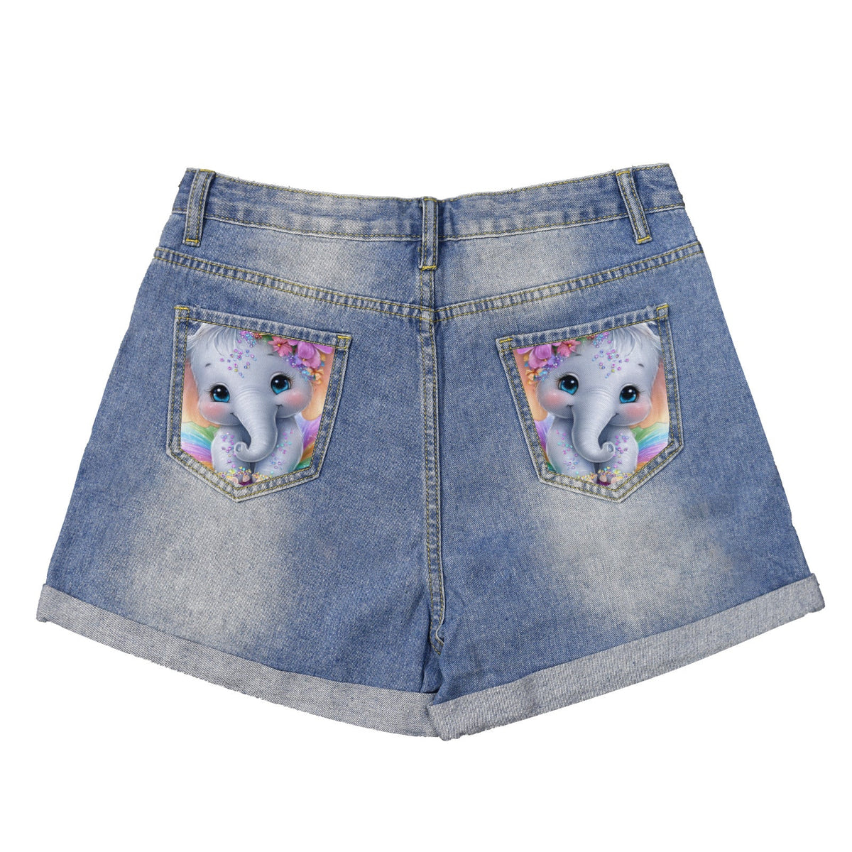 Cute Elephant Light Blue Denim Shorts with Dual Pockets Design