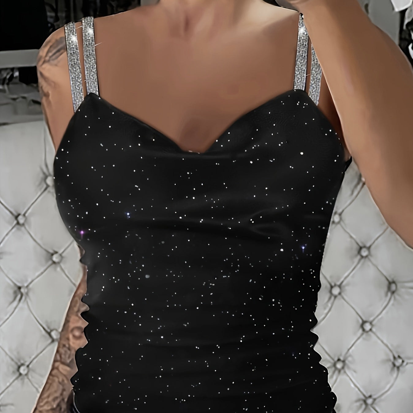 Camisola con cuello en V de lentejuelas – Top brillante con tirantes de strass