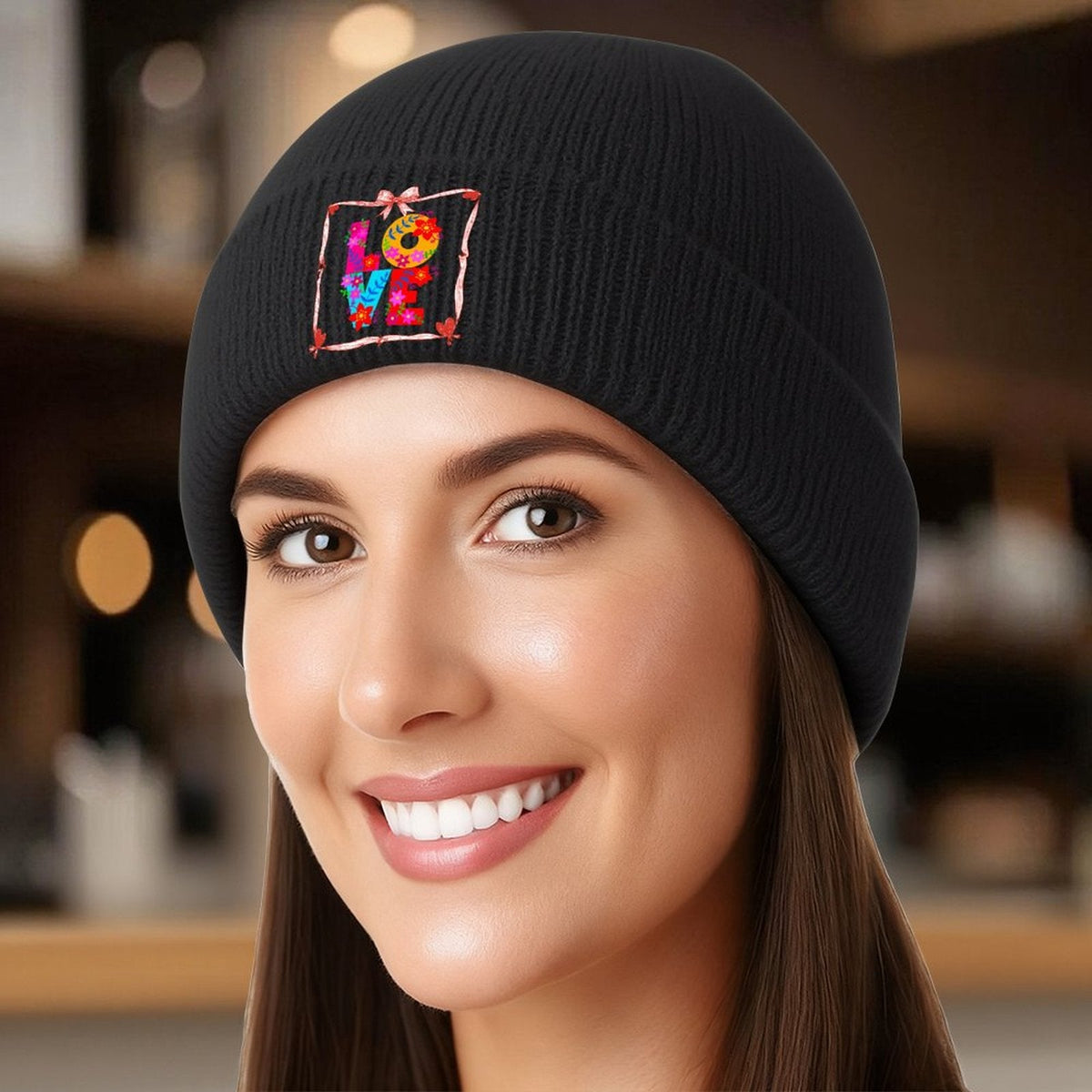 Floral LOVE Faux Knit Warm Winter Beanie Hat (Made in USA)