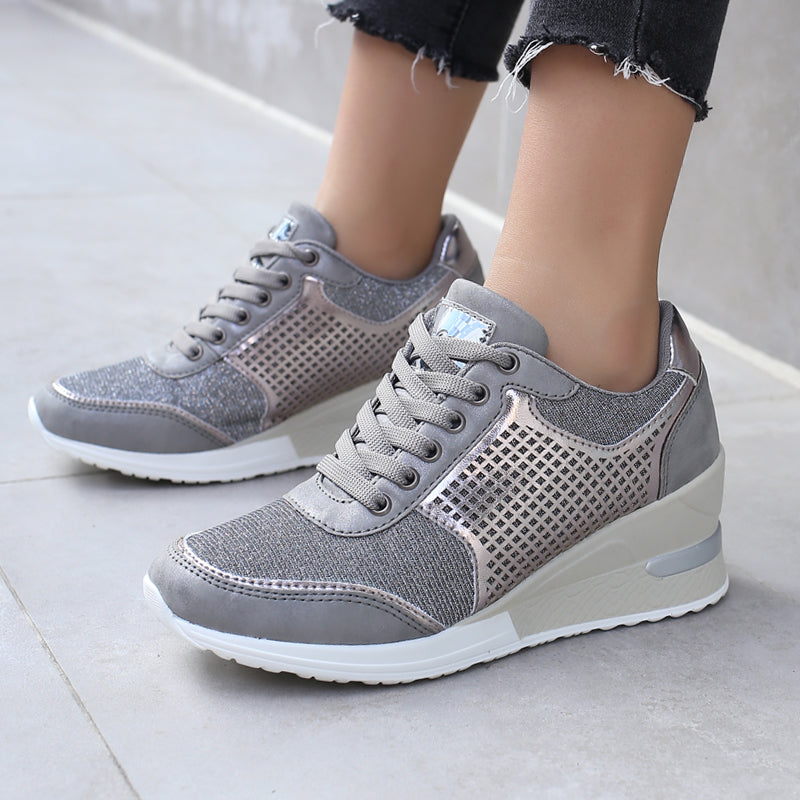 Women Lace-up Sneakers Height Increasing 6.5cm Flats Walking Shoes