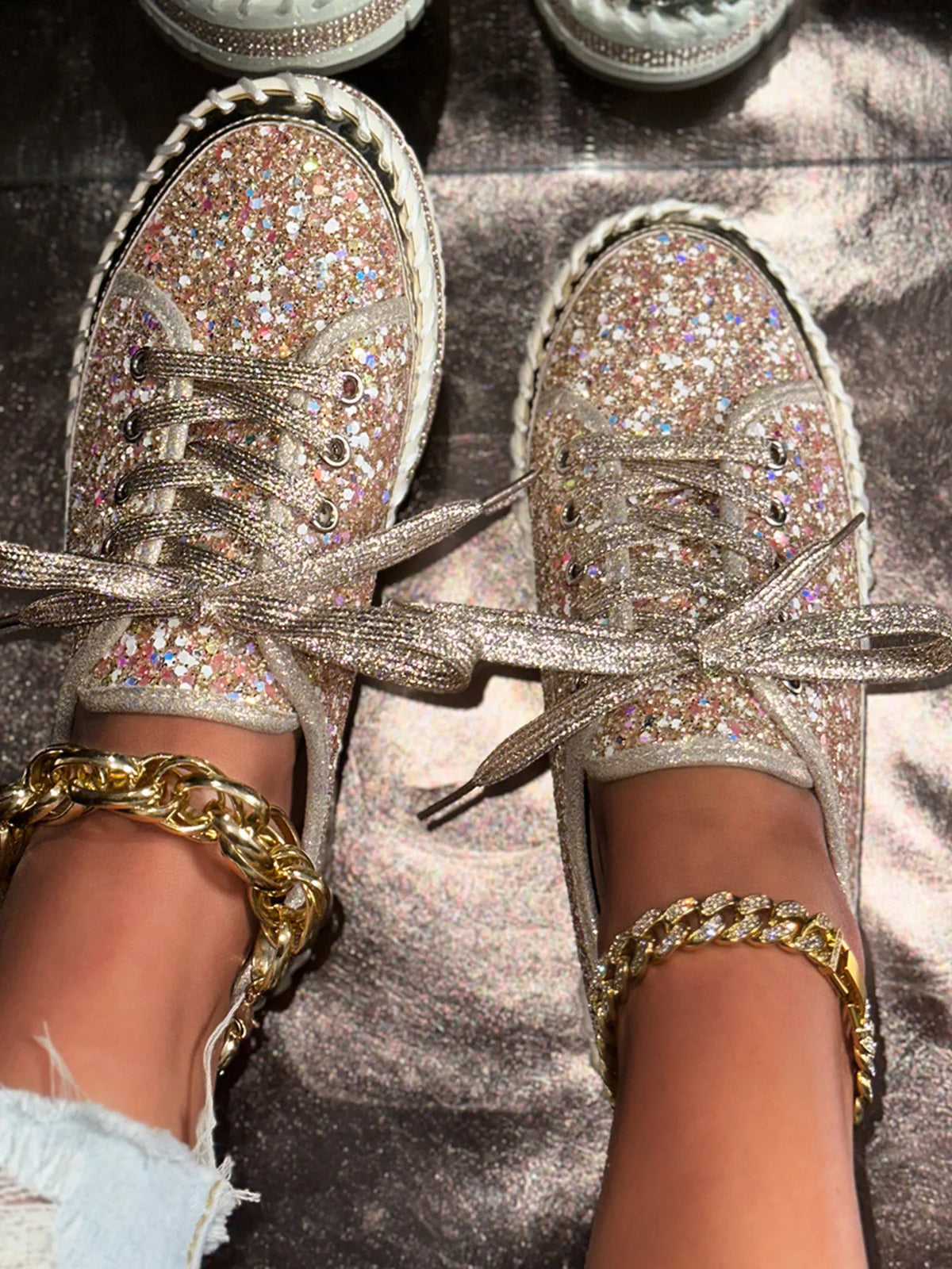 Metallic PU Leather Lace Up Platform Sneakers