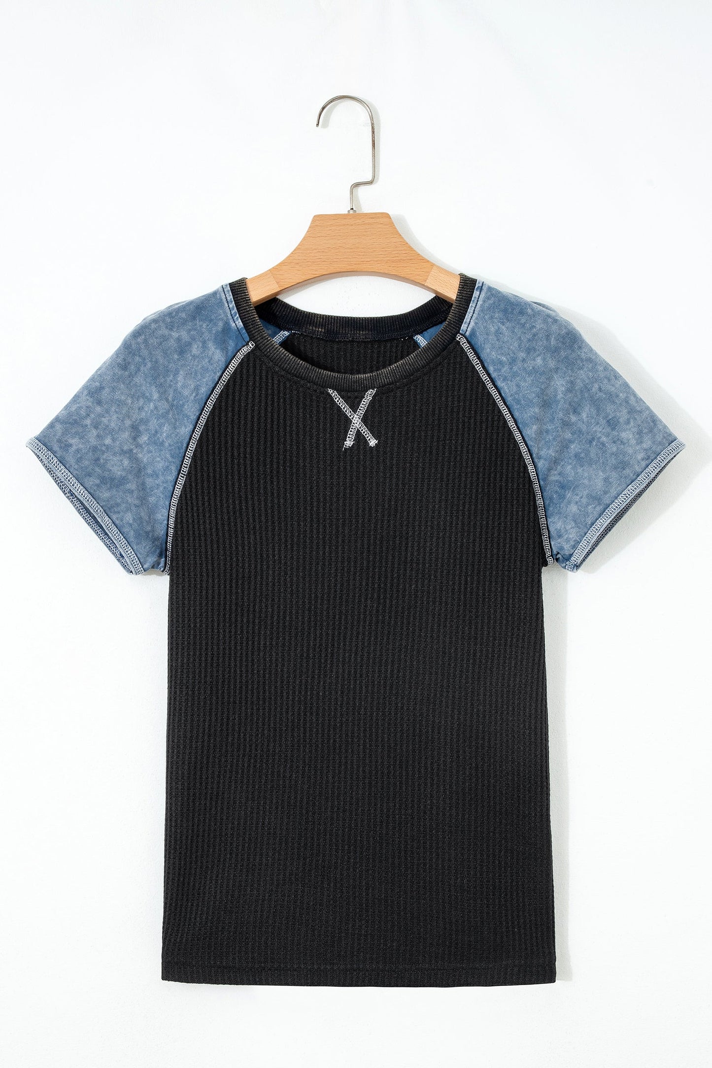 Carbon Grey Waffle Knit Seam Detail Color Block Patchwork Short Sleeve Top