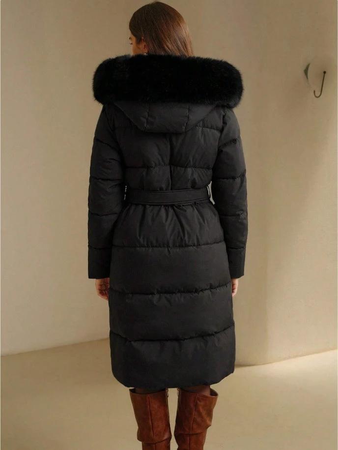 Chaqueta acolchada con capucha y cremallera de manga larga de color liso para mujer con ribete de piel sintética Anewsta