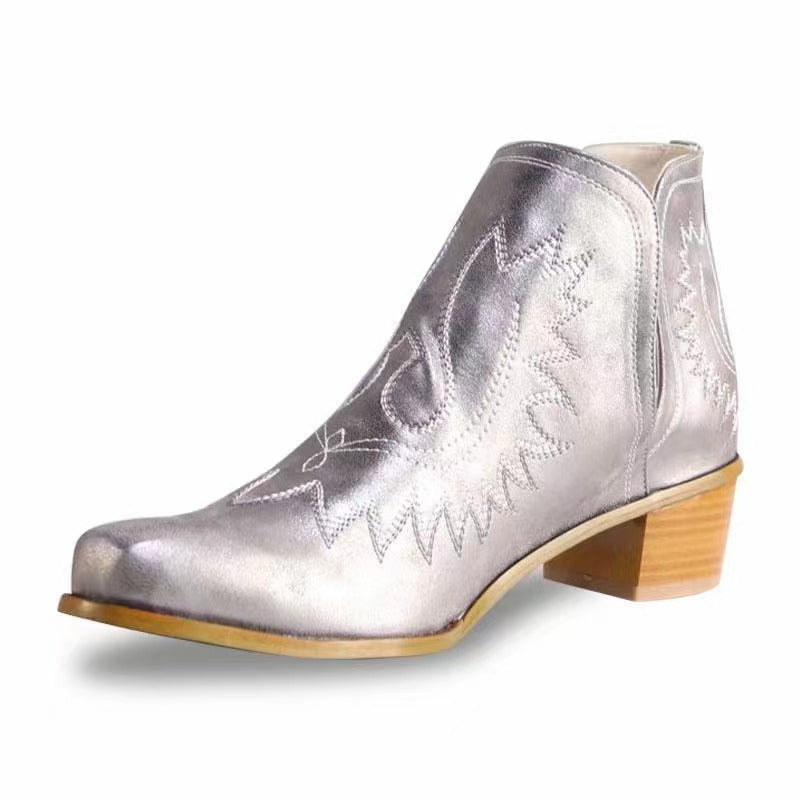 Pointed Embroidered Chunky Heel Ankle Boots